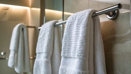 Clean white towel neatly hung on a wall hanger