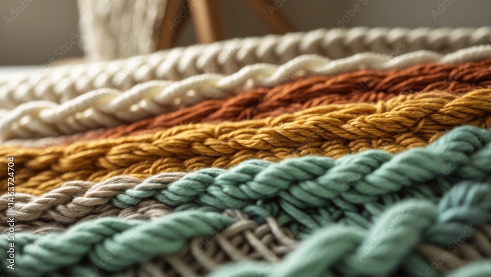 Poster Warm background texture of a multicolored wool rug with a pigtail motif in soft focus.