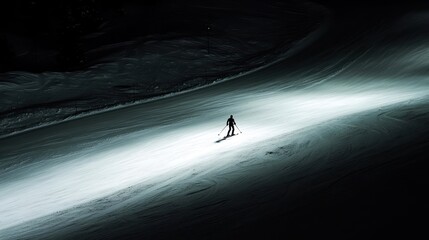 Night skiing a lone figure on a snowy slope under the moonlight