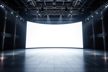 Wide interior view of a modern studio with a curved white screen and bright lights, showcasing a futuristic background concept. Ai generative