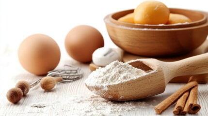 Culinary ingredients for baking on a rustic white wooden table setting