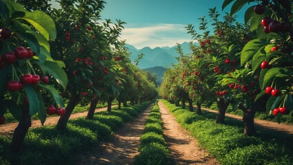 An orchard of cherry trees displaying lush green foliage and ripe red cherries, with a central walkway guiding towards distant mountains under a blue sky