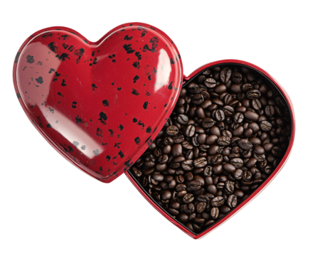 a red heart shaped container with coffee beans inside