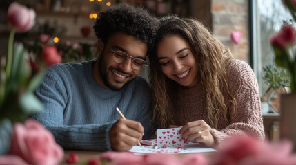 Fototapeta premium a smiling couple writing Valentine’s cards at a pastel-decorated table