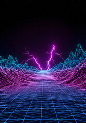 Abstract Synthwave Landscape with Lightning and Blue Grid Illustration