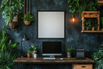 Modern Office Scene Featuring White Poster and Coffee Mug