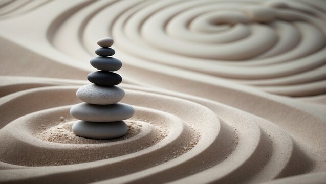 Yoga zen stones stacked on one another within a sand circle.