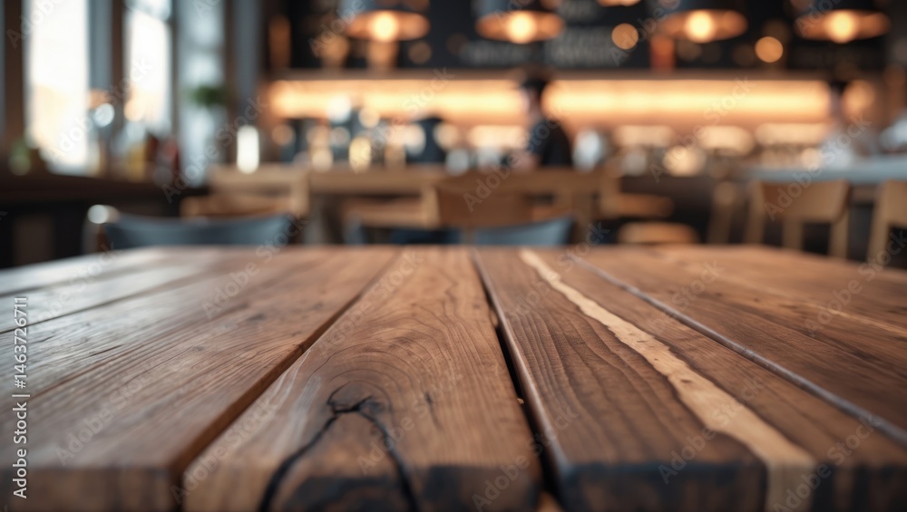 Poster top view of a rustic wood table with a blurred kitchen scene in the background, ideal for mockups or