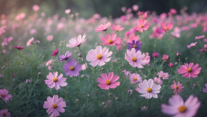 Obraz premium Pink Cosmos or Daisy with Fragile Petals of Light Pink, Purple, and Pinkish White in a Sunlit Garden