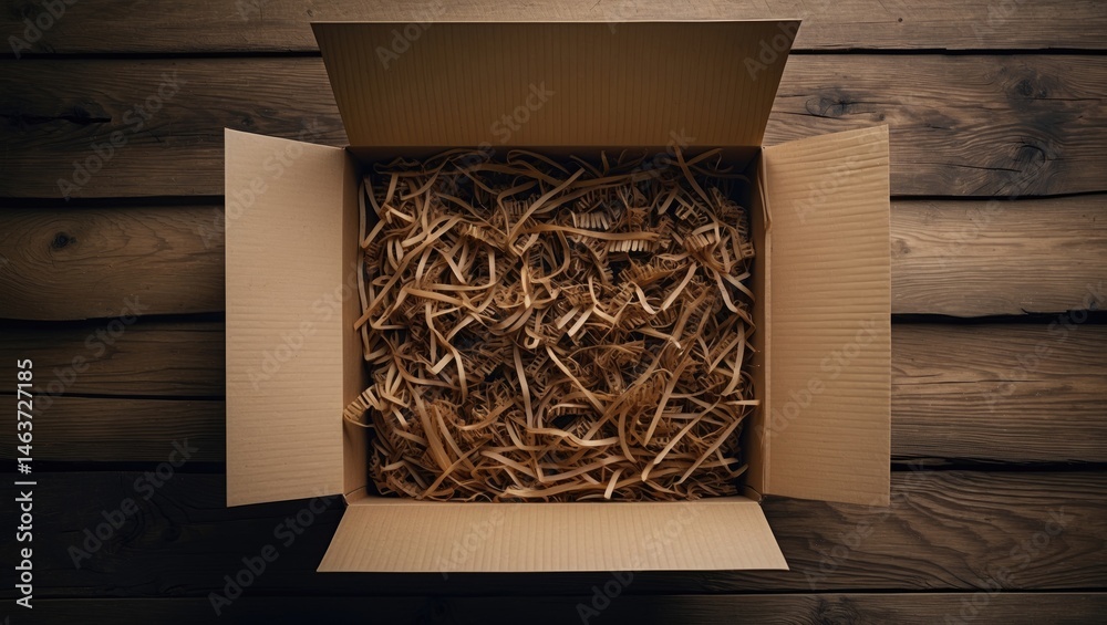 Poster flat lay of empty gift box with shredded paper on natural background