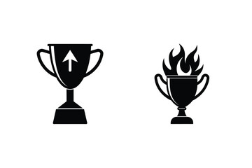 Vector icons of achievement and victory including trophies with arrows and flames graphics
