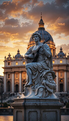 Obraz premium Statue Playing Guitar at Sunset Abstract Background Image Artistic Statue Guitar Player Sunset Sky Wallpaper 