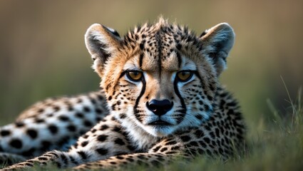 Wildlife portrait of a cheetah cub resting after hunting