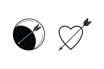 Black and white minimalist illustration of moon arrow and heart arrow symbols
