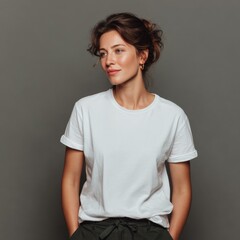 Obraz premium Woman in a Blank White T-Shirt and Dark Pants