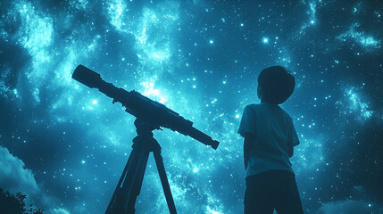Young Boy Gazing at a Starry Night Sky Through a Telescope