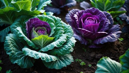 Obraz premium Detailed shot of a red cabbage crop emerging from the soil in a vegetable garden