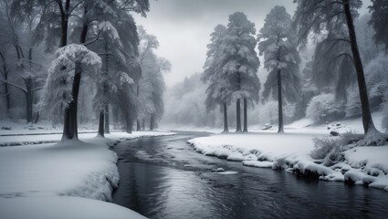 Obraz premium Snowy Park View with Trees, Waterfall, and River in a Winter Wonderland