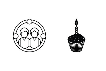 Minimalist vector illustration of two friends celebrating with birthday cupcake black and white