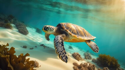 Obraz premium Vivid reefs host a majestic Green Turtle in its natural habitat.