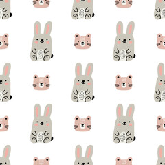 Seamless pattern featuring cute grey bunnies and soft pink bear faces in cartoon style, repeating on a white background.