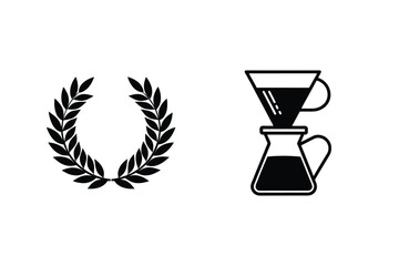 Black and white vector illustrations of laurel wreath with coffee dripper on white background