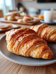 Croissant pastry breakfast golden brown flaky layers evoke bright morning ritual on wooden table, with buttery aroma in sunlit kitchen creating warm, inviting mood for enjoyment