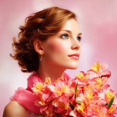 Fototapeta premium Beautiful Woman with Pink Flowers Portrait