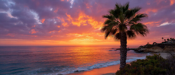 Obraz premium Dramatic sunset over ocean. Palm tree silhouettes, vibrant orange and purple colors, and calm waves