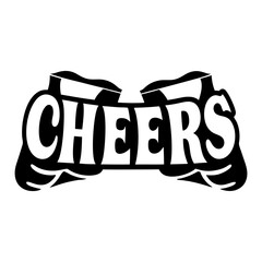 Black and white vector design featuring the word cheers and beer glasses