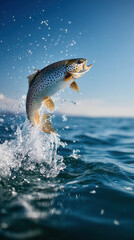 Trout jumping fish ocean splash wildlife action energetic leaping evoke excitement as fish bursts from deep blue water sending droplets skyward against bright horizon