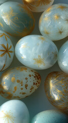 Decorative egg pastel egg gold pattern marble texture filigree design starburst motif set of pale blue marbled eggs with gold filigree and starburst motifs offers elegant spring display