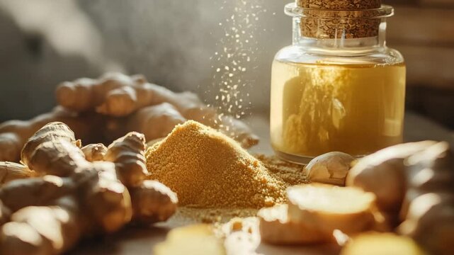 A warm, natural light image showcasing fresh ginger roots, sliced ginger, a heap of powdered ginger, and a glass bottle of ginger extract, symbolizing the versatility and health benefits of this power