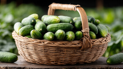 Basket cucumber vegetable fresh green wicker creates rustic scene featuring crisp produce nestled in woven container on weathered stump under soft natural light