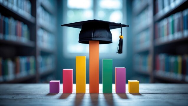 International higher education program for graduates, showcasing a black graduation cap on a growing bar graph to depict students' hard work towards future career goals