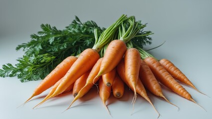 Heap of vibrant carrots with green leaves, isolated on a white background