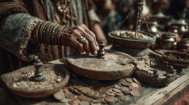Wrinkled hand vintage scale ancient coin bracelet market stall weighing coin vendor gnarled fingers gingerly balance tarnished bronze currency on wooden scale, echoing past trade
