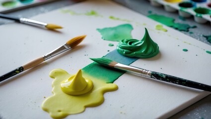 Obraz premium Art supplies including multi-colored paints and brushes for detailed drawing and painting