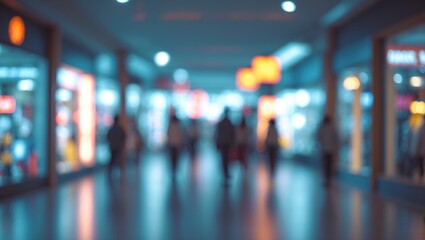 Shallow focus on mall interior and shop background, featuring store backdrop and marketing design