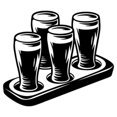 Monochrome vector illustration of a flight of craft beers on a tray