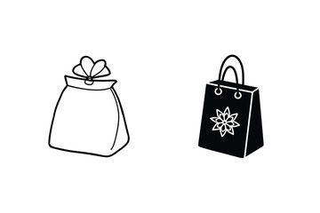 Black and white gift bags with flower ornament and bow simple outline illustration