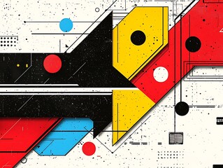 Abstract geometric shapes, vibrant colors, and digital elements
