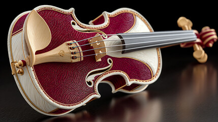 Obraz premium Elegant, burgundy and cream miniature violin resting on reflective surface. Detailed close-up