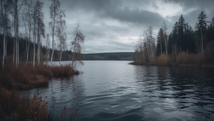 Woodland landscape featuring pine and birch trees, a wavy lake, and cloudy sky during late autumn.