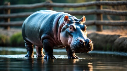 Fototapeta premium Little charming hippopotamus approaches pond for hydration