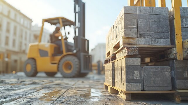 Forklift in Industrial Setting with Stacked Pallets