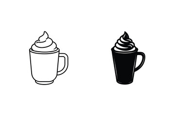 Simple outline and filled vector illustration of a hot beverage with whipped cream on top