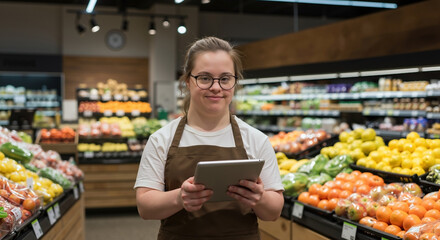 Obraz premium Smiling young woman with Down syndrome working in grocery store. Female employee with tablet in produce section. Inclusion and diversity concept. World Down Syndrome Day.