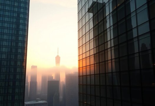 Sleek glass skyscraper at dawn, fog-shrouded city skyline reflecting in modern facade, architecture, fog