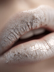 Cracked dry pale macro closeup texture lips coated in flaking paint and layered pigment reveal intricate weathered pattern with haunting sense of eerie beauty and fragile decay